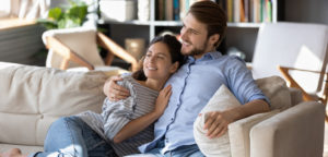 happy family on couch