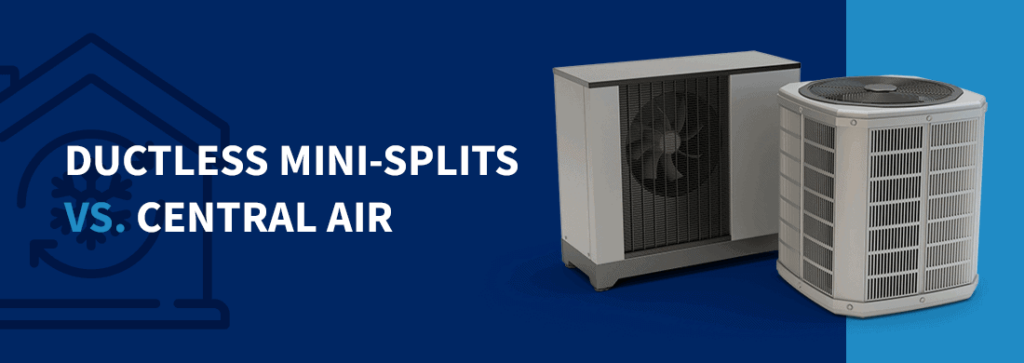 ductless mini-splits vs central air|a man reviewing a mini split system|Ductless Mini Split|central air HVAC systems outside a house|Mini Splits and Central Air